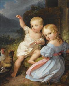 An Infant Boy And A Girl In A Blue Dress Feeding Chickens by Leopold Fertbauer