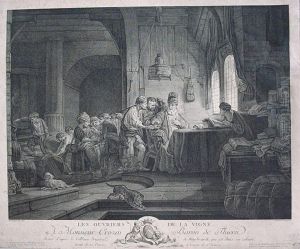 Etienne , - Weinhandel -, Kupferstich, 38 X 45 Cm, Bez.in Der Platte U. Re. Fesard Sculp. 1767, U. Li. Rembrandt Pinx.1637 Sowie Franzosisch Betitelt