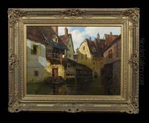 View Of Village Houses Along A Canal by Theodor Feucht