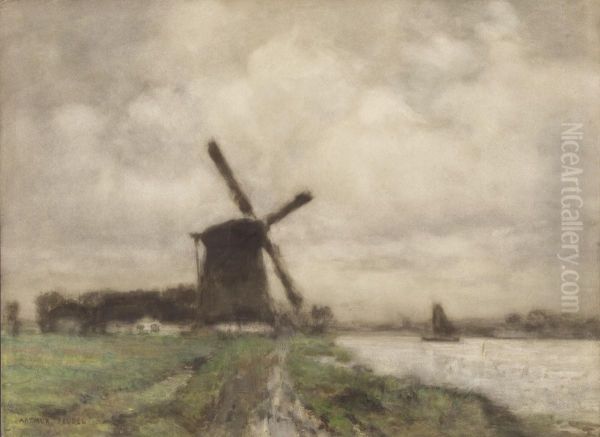 River Landscape With Windmill - view 1