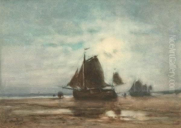Moonshine On The Strand At Katwijk,
 Signed And Located Lower Left - view 1