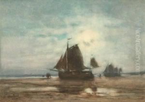 Moonshine On The Strand At Katwijk,
 Signed And Located Lower Left