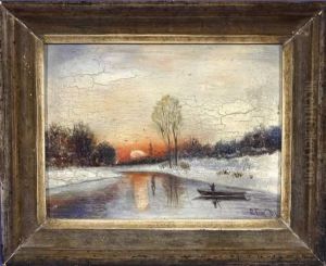 Winterliche Flusslandschaft Mit Ruderboot Vor Untergehender Sonne by Carl Fey