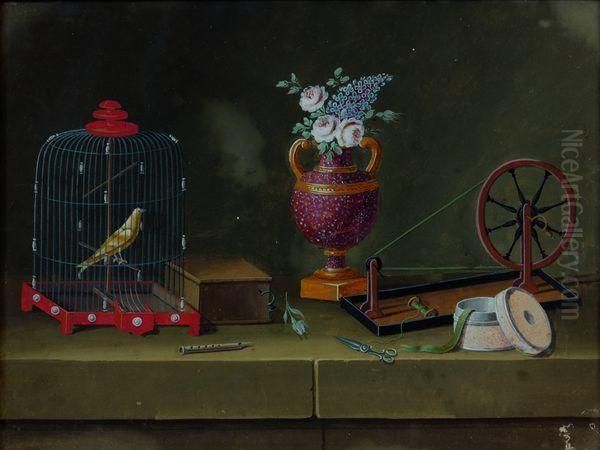 Nature Morte Avec Rouet Et Oiseau En Cage - view 1