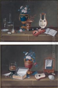Paire De Gouaches En Pendant,
L'une Au Bocal De Poissons Rouge Et Aux Attributs De La Musique by Johann Rudolf Feyerabend