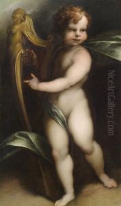 A Putto Playing The Lyre by Rinaldo Fiammingo