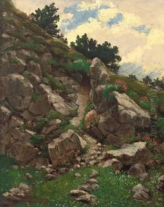 Gebirgshang Mit Alpenrosen Und Latschenkiefern by Theodor Fichtner