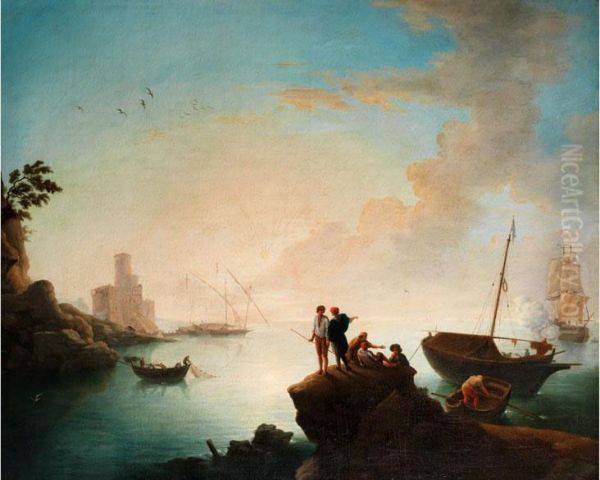 Sudlandische Hafenszene Mit Fischern Vor Kanonen Feuernder Galeeree - view 1