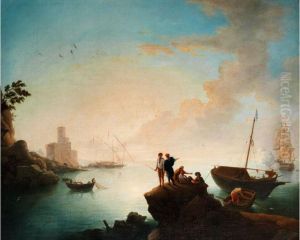 Sudlandische Hafenszene Mit Fischern Vor Kanonen Feuernder Galeeree by Francesco Fidanza