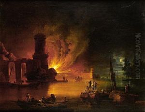 A Capriccio Of A Moonlit Mediterraneanharbour With A Coastal Tower And Figures On A Quayside Watching Atown Fire