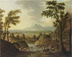 A Hilly Riverlandscape With A Stag Hunt