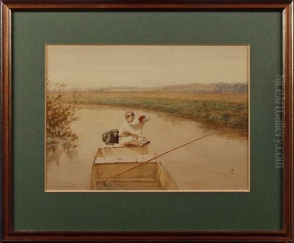 Boy With Dogs Fishing From A Boat - view 1