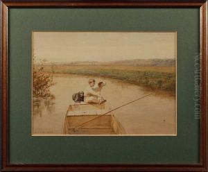 Boy With Dogs Fishing From A Boat by Walter Field