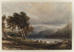 A Cowherd And His Herd Beside A Lake In A Mountainous Landscape by Anthony Vandyke Copley Fielding