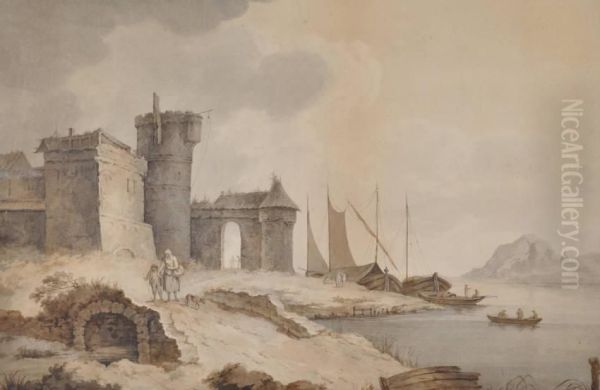 Figures Beside Castle Ruins On The Coast - view 1