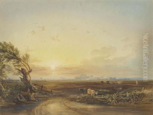 A Drover Herding His Cattle Through A Field At Sunset, Pevensey Castle Beyond, East Sussex - view 1