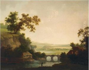 Extensive Landscape With Figures Crossing A Bridge by Nathan Theodore Fielding