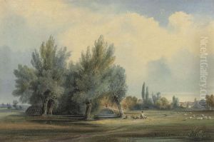 A Landscape In Northern France With A Shepherd And His Flock Beneath Pollarded Willows