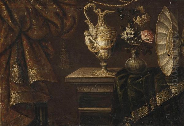 A Rose, Narcissi And Morning Glory In A Glass Vase, With A Sculptured Ewer And A Salver On A Partially Draped Table - view 1
