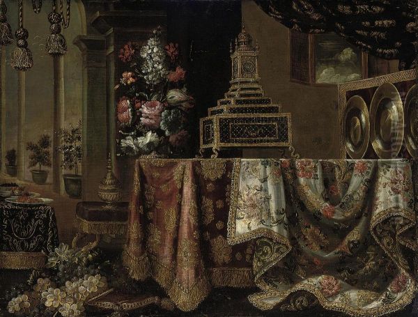 A Gilt Clock, An Urn With Flowers, Silver And Gold Plates On Adraped Table With Grapes On A Gold Trimmed Cushion - view 1