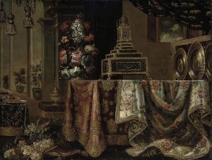 A Gilt Clock, An Urn With Flowers, Silver And Gold Plates On Adraped Table With Grapes On A Gold Trimmed Cushion