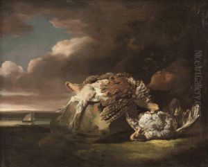 Two Partridges On A Rock, A River With A Sailing Vesselbeyond 
Oil On Canvas