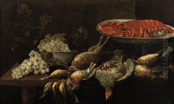A Lobster On A Porcelain Plate, Grapes And Plums In A Porcelainbowl With Partridges, Bullfinches And Other Birds, All On A Woodentable - view 1