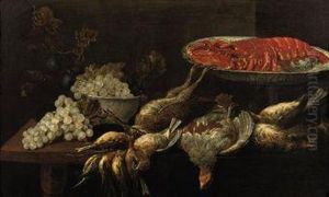 A Lobster On A Porcelain Plate, Grapes And Plums In A Porcelainbowl With Partridges, Bullfinches And Other Birds, All On A Woodentable