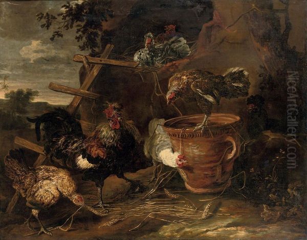 Chickens And A Cockerel In A Farmyard - view 1