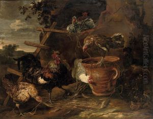 Chickens And A Cockerel In A Farmyard by Joannes Fijt