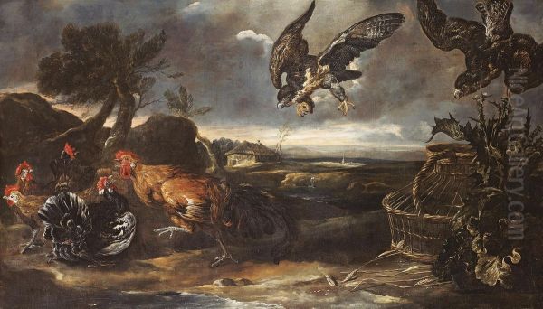 Combat De Coqs Et De Poules Dans Un Paysage - view 1