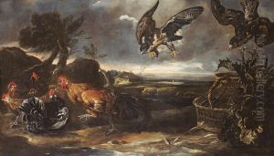 Combat De Coqs Et De Poules Dans Un Paysage by Joannes Fijt