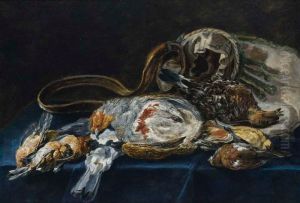 A Hunting Still Life With A Partridge, A Bull Finch And Other Birds Together With A Hunting Bag, All On A Blue Draped Table A Hunting Still Life With A Partridge, A Bull Finch And Other Birds Together With A Hunting Bag, All On A Blue Draped Table