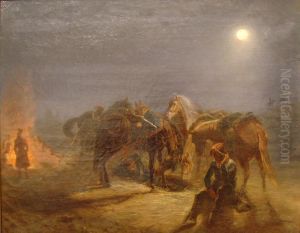 Nachtliche Reiterrast Am Feuer