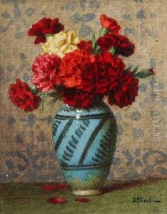 Bouquet D'oeillets Au Vase Bleu by Ernest Filliard