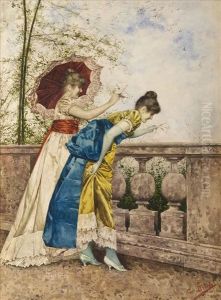 Youngladies Waving From The Terrace by Giovanni Battista Filosa