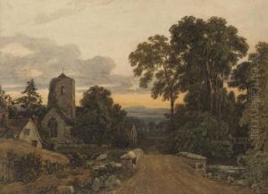 A Lone Figure On A Bridge Overlooking A Sleepy Village by Francis Oliver Finch