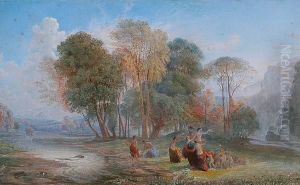 A Claudian Landscape With Dancing Nymphs And Cherubs by Francis Oliver Finch