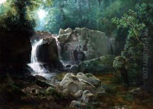 A
Waterfall In A Wooded River Landscape by Thomas Finchett
