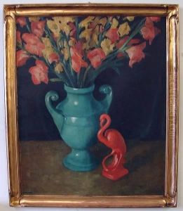 Floral Still Life With Ceramic Flamingo by Edward Francis Finden