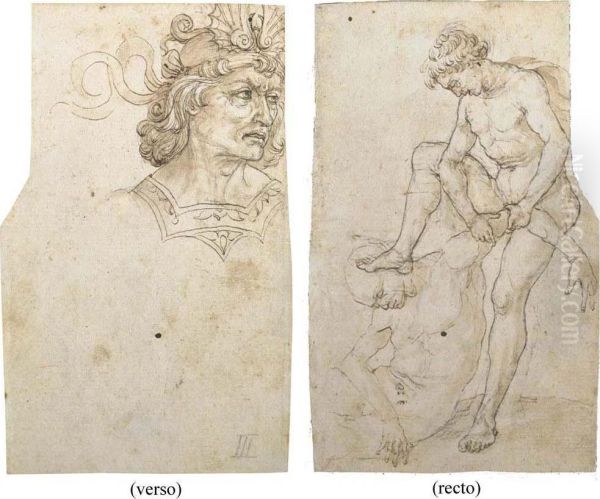 A Nude Subduing Another Figure ; The Head Of A Man Wearing An Elaborate Helmet - view 1
