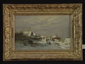 Winterliches Dorf Mit Jager