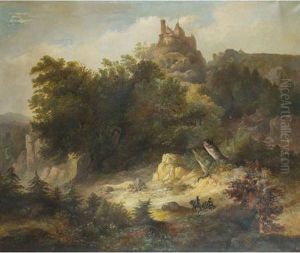 Mountainous Landscape With A Knight And His Squire Approaching A Castle by Ernest Finkernagel