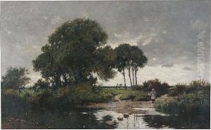 Country Landscape With Sheep And Woman On A Riverbank by John Finnie