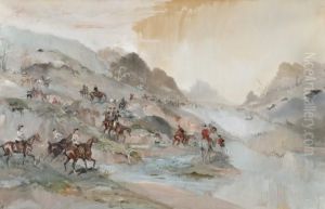 Scene De Chasse A Courre : Le Bat L'eau Du Cerf by Jules, Baron Finot