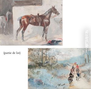 Chasse A Cour Au Bord D'un Pont; Chasse A Cour En Foret; Hommetenant Son Cheval; L'etalon A L'etable