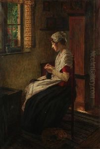 An Interior Scene With A Woman Seated By A Window Knitting by Walther Firle