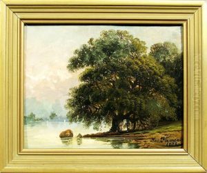 Baumbestandenes Flussufer In Der Abendrote by Joseph Firmenich