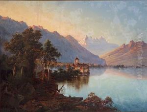 An Extensive Landscape With Lake Geneva And The Chateau De Chillon In The Foreground