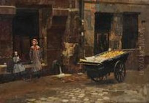 Strassenszene Mit Zwei Madchen Und Marktwagen by Marie-Francois-Firmin Girard